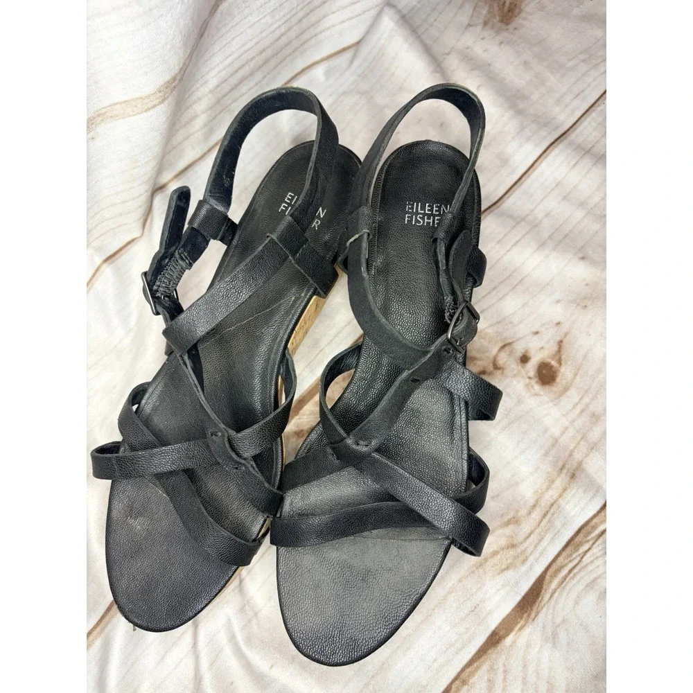 Eileen Fisher Black Leather Strappy Cork Wedge Sandals Size 10 Gladiator